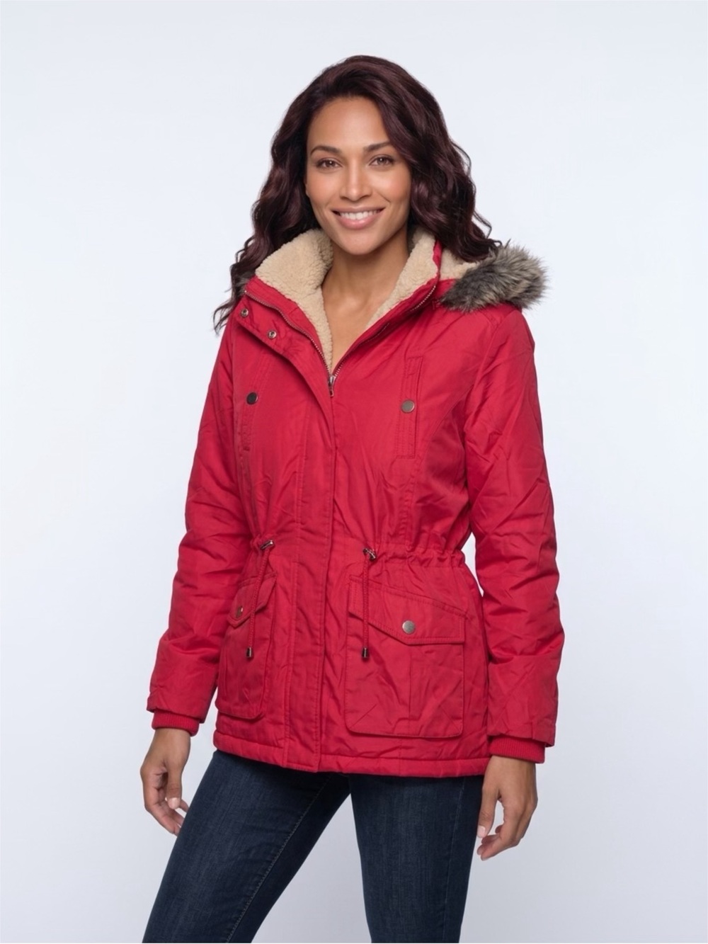 Women’s Red Parka Jacket with Faux-Fur Trim